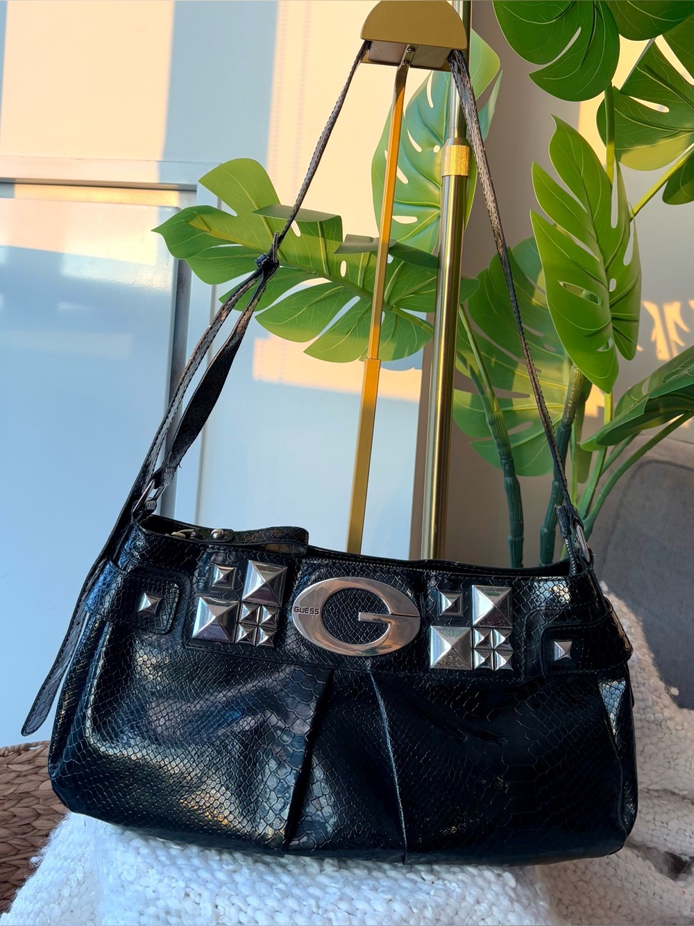 Vintage Y2K GUESS Black Croc Studded Big G Hobo Shoulder Bag McBling 2000s